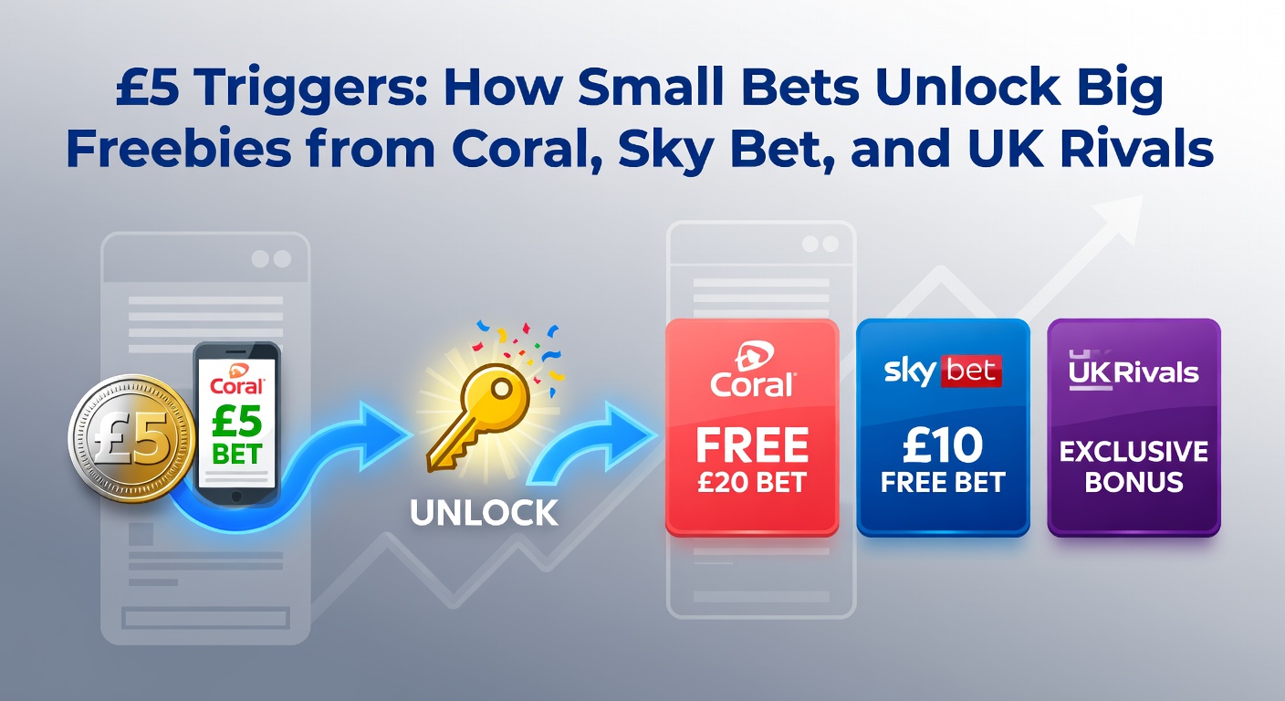 Illustration of a £5 coin activating a cascade of free bet tokens from Coral and Sky Bet logos