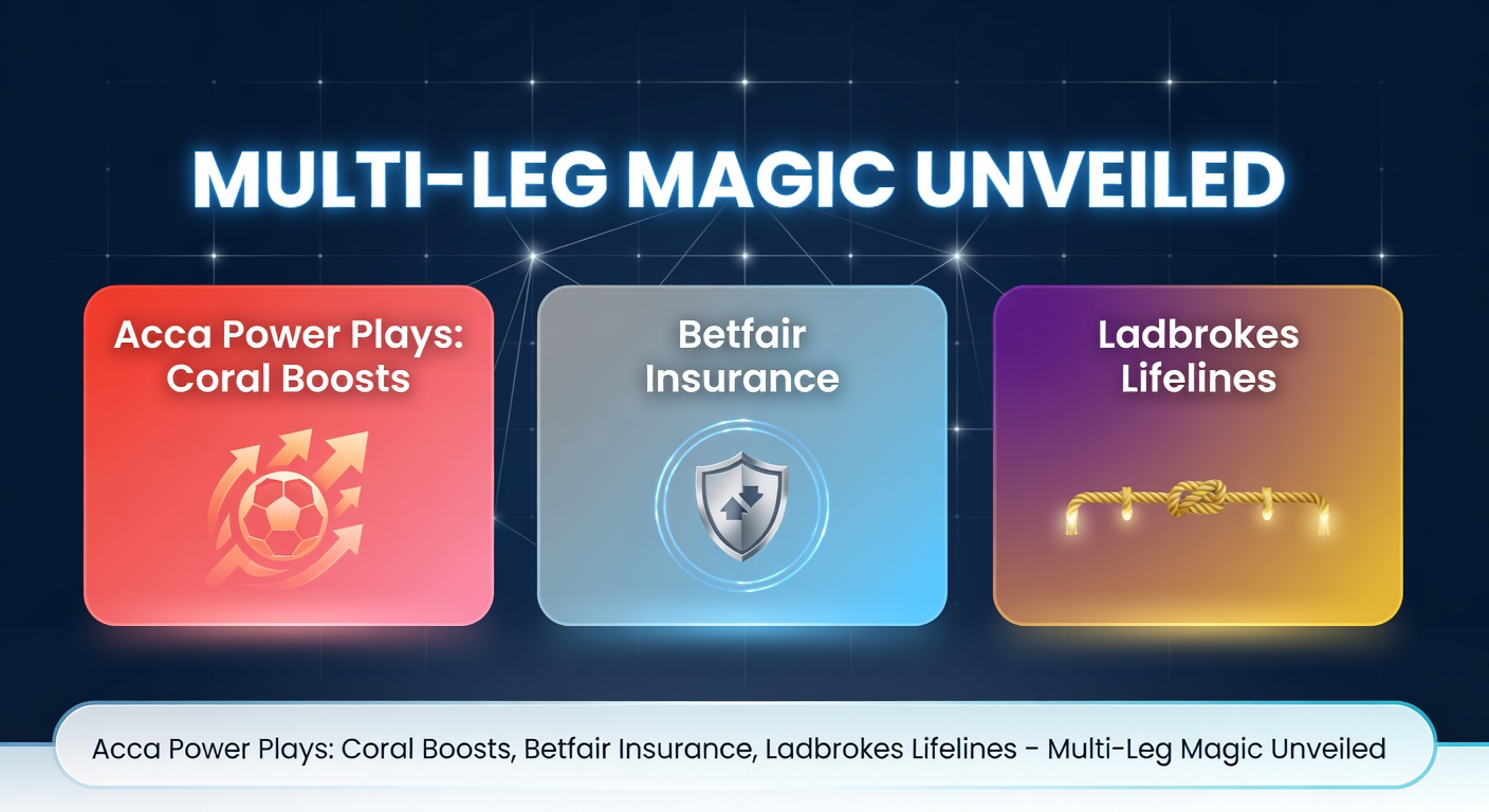 Graphic showing accumulator bet slips from Coral, Betfair, and Ladbrokes with boost icons and insurance shields