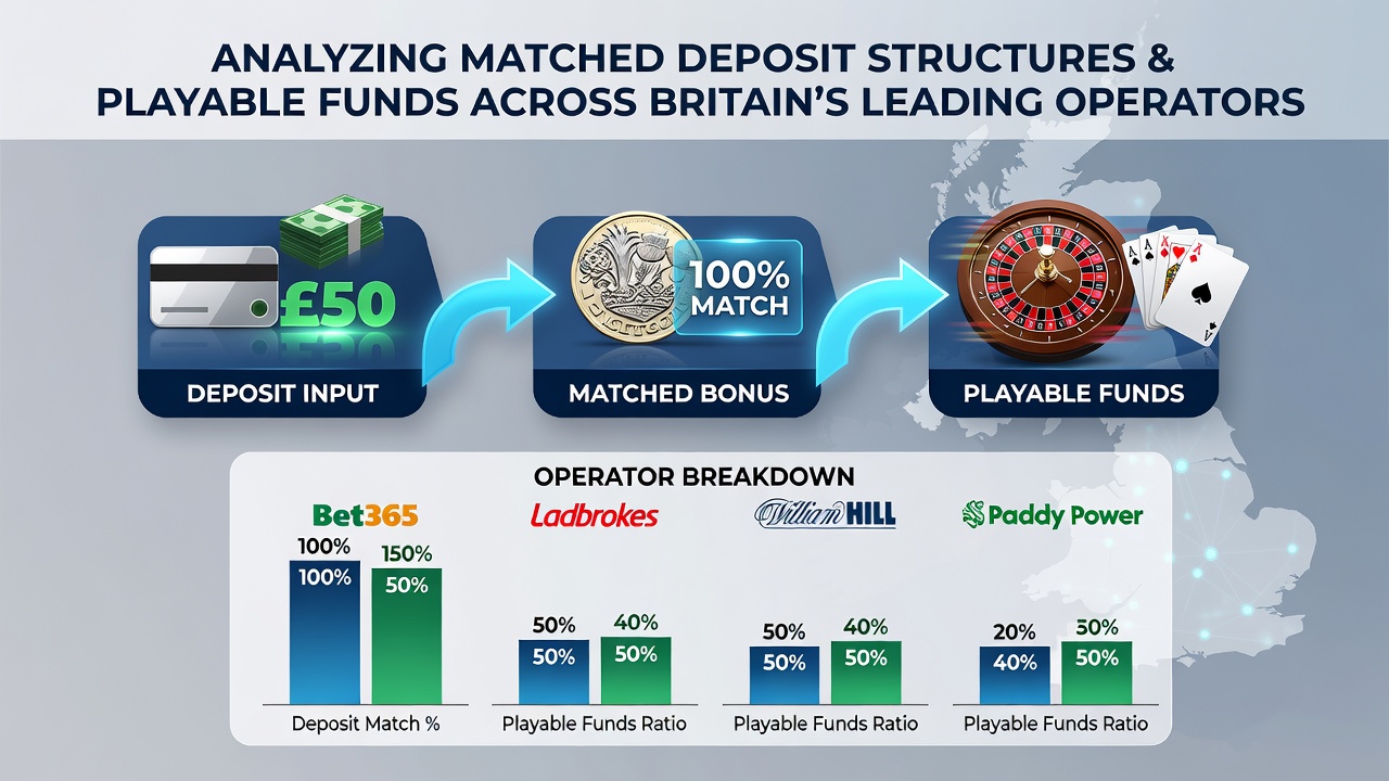 Diagram showing how matched deposit bonuses convert into playable betting funds across UK operators