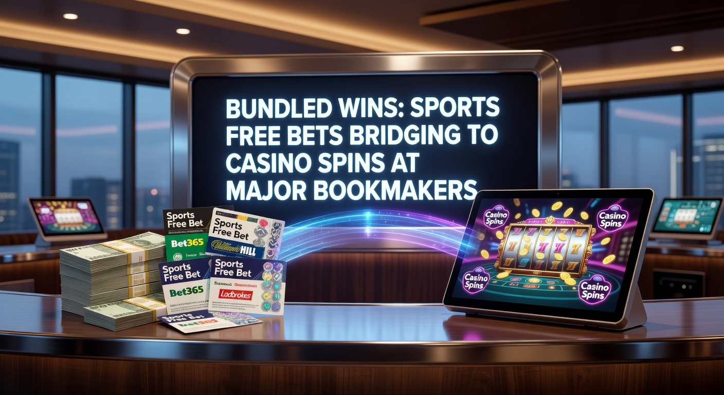 Dynamic graphic illustrating a sports betting ticket transforming into casino slot spins, symbolizing bundled promotions at major bookmakers