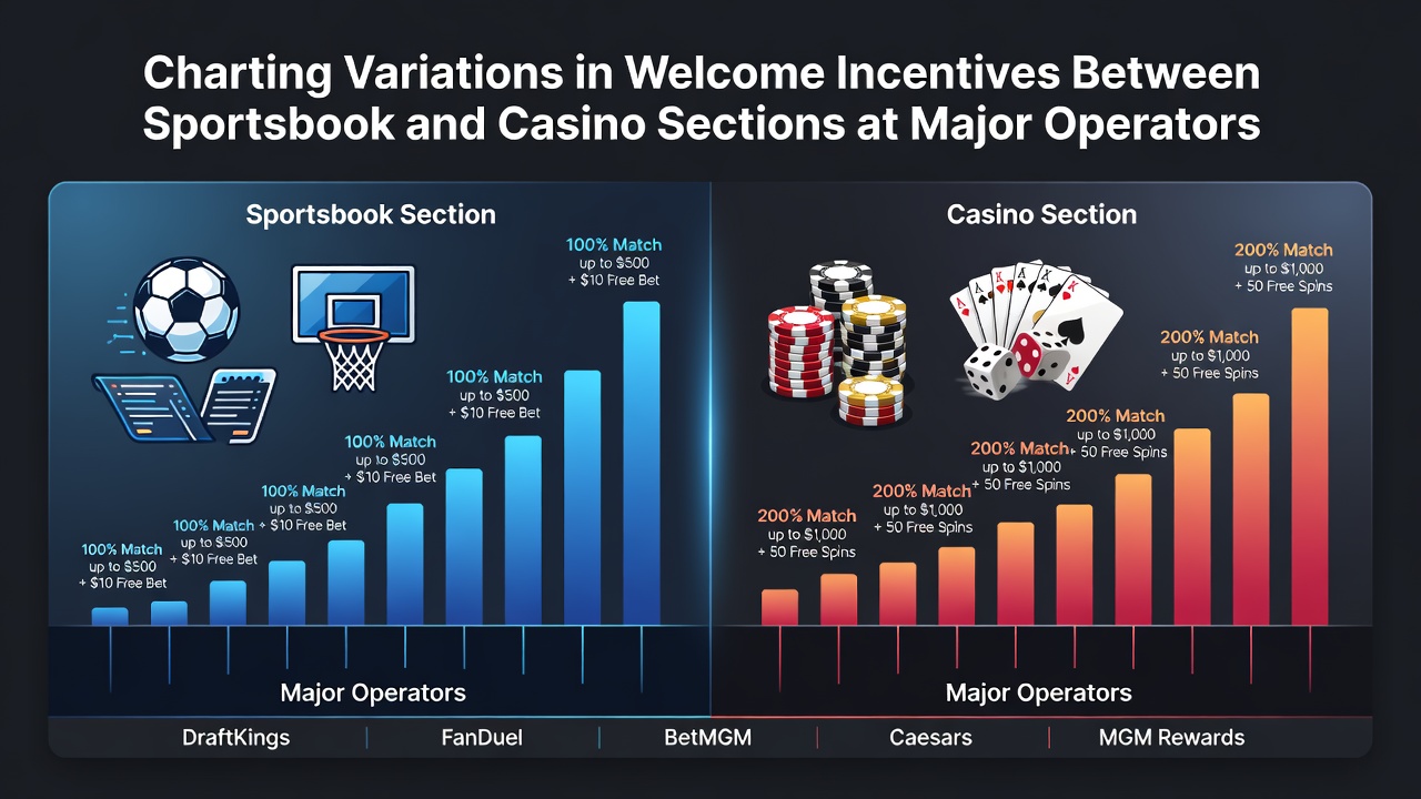 Comparison chart showing welcome bonus structures across major sportsbook and casino operators