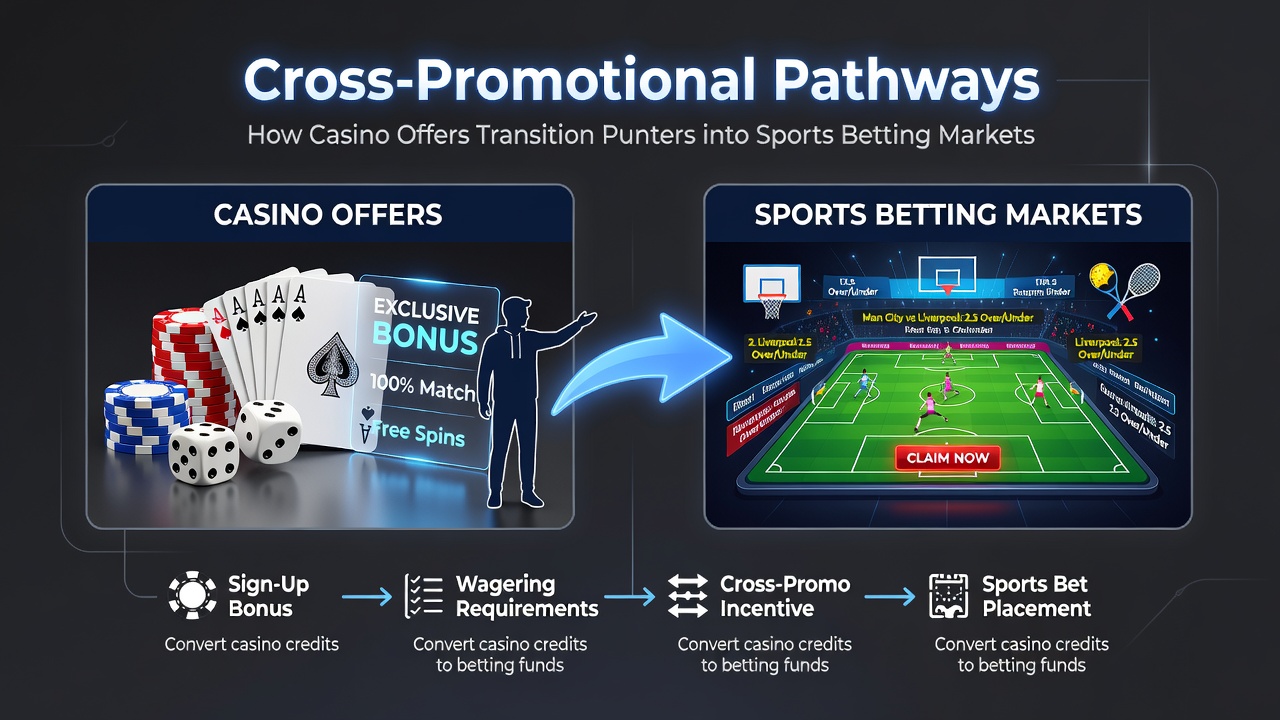 Illustration of casino slots transitioning to sports betting interfaces through promotional pathways