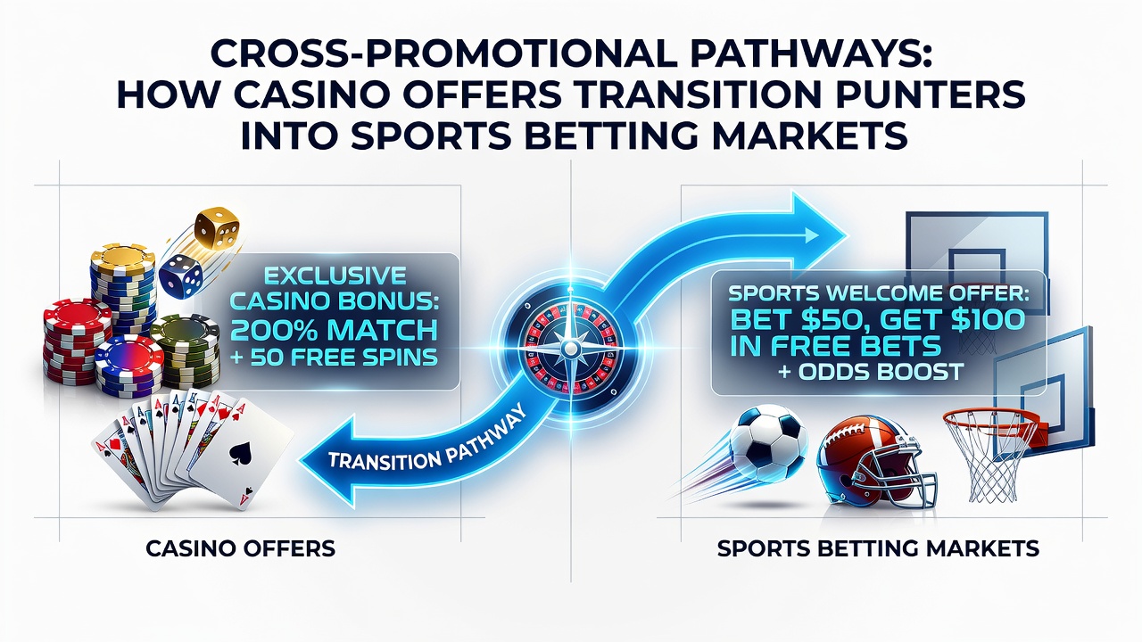 Diagram showing user journey from casino bonuses to sports betting activation with arrows and icons