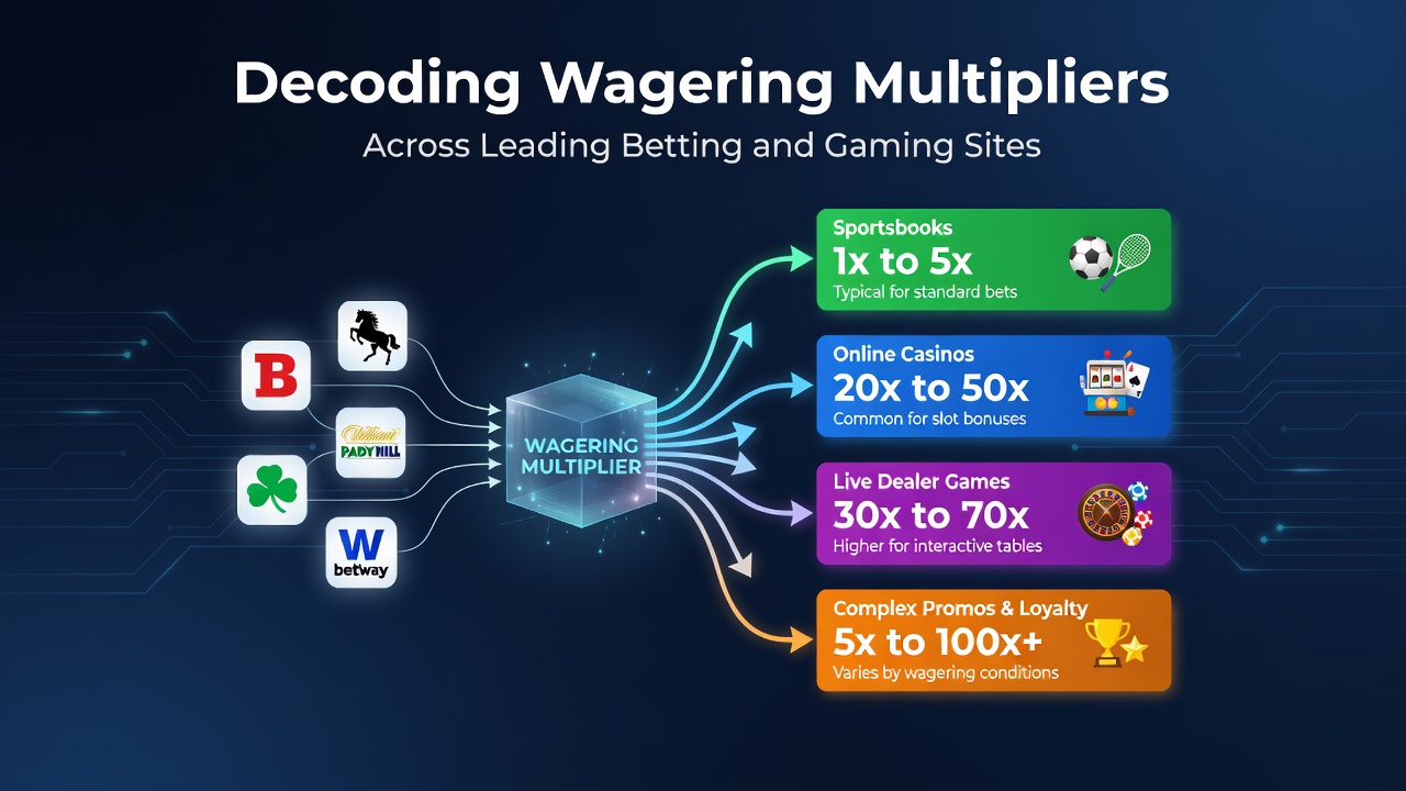 Diagram illustrating wagering multiplier calculations across different betting platforms with sample bonus scenarios