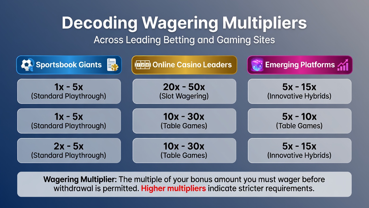 Comparison chart showing wagering multiplier ranges for sports betting versus casino bonuses on leading international platforms