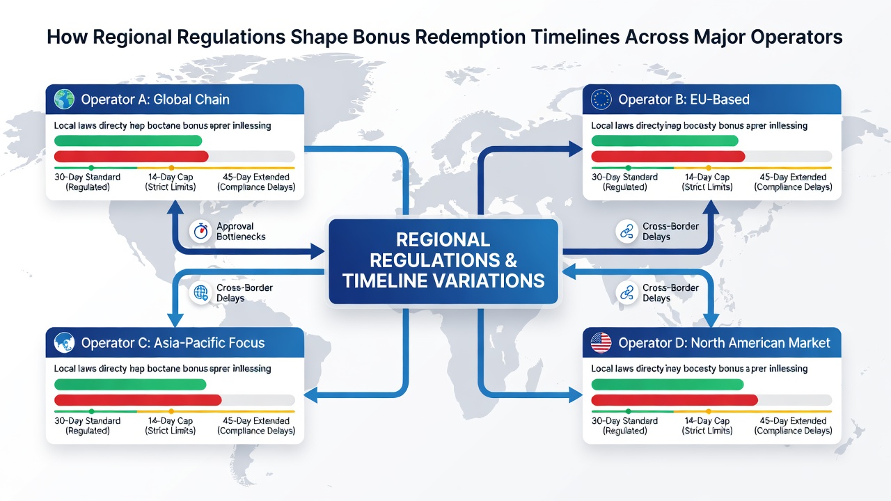 Comparison chart showing bonus redemption timelines in key regulatory regions
