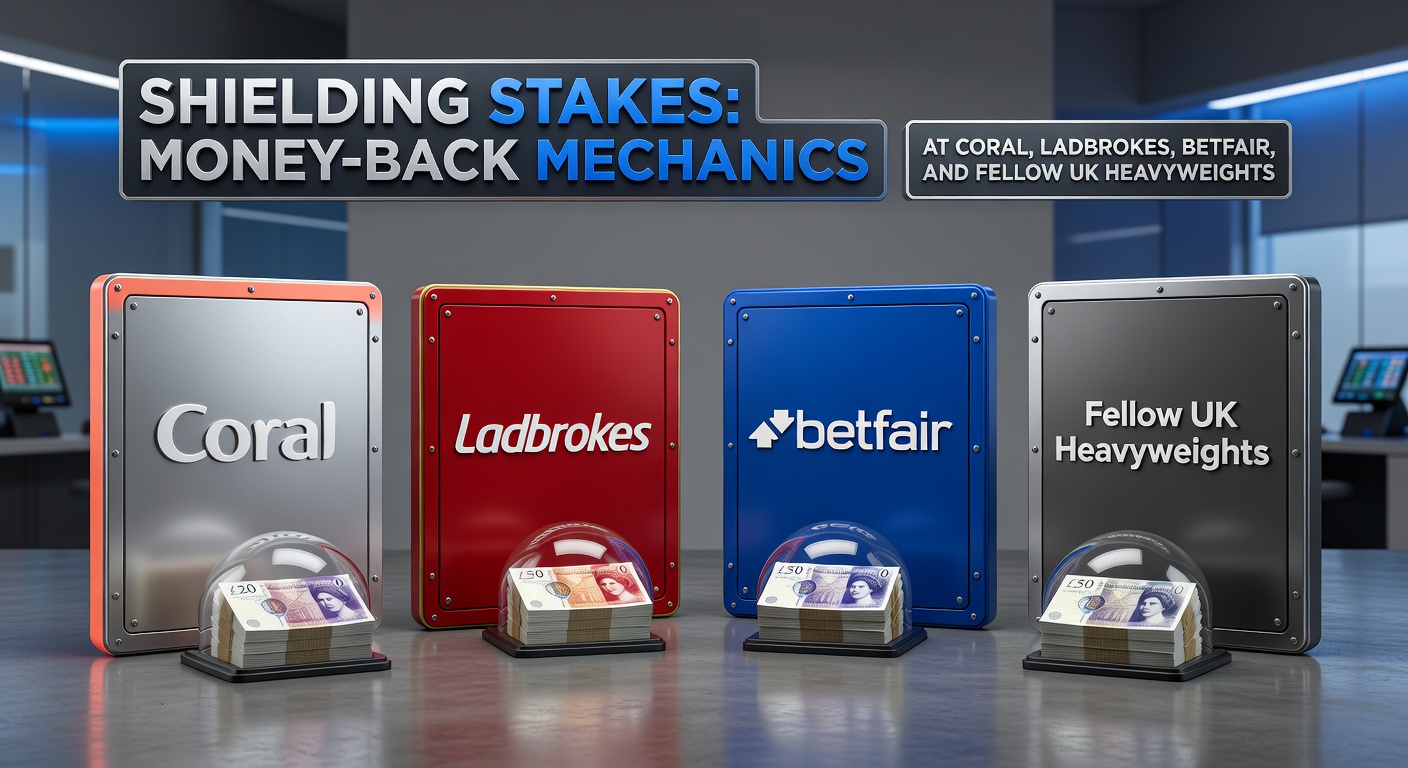 Illustration of a bettor placing a stake with a safety net shield representing money-back protection from UK bookmakers like Coral and Betfair