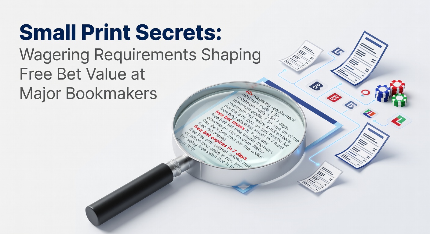 Magnifying glass revealing hidden wagering terms in a bookmaker's free bet offer, highlighting numbers like 5x and minimum odds