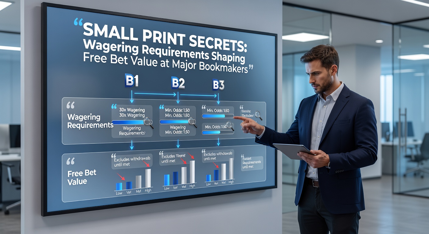 Infographic breaking down a wagering requirement example: £10 free bet at 3x with profit calculations, minimum odds, and eligible sports icons