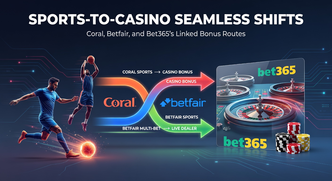 Digital graphic showing a seamless transition from sports betting interface to casino games with interconnected bonus icons representing Coral, Betfair, and Bet365