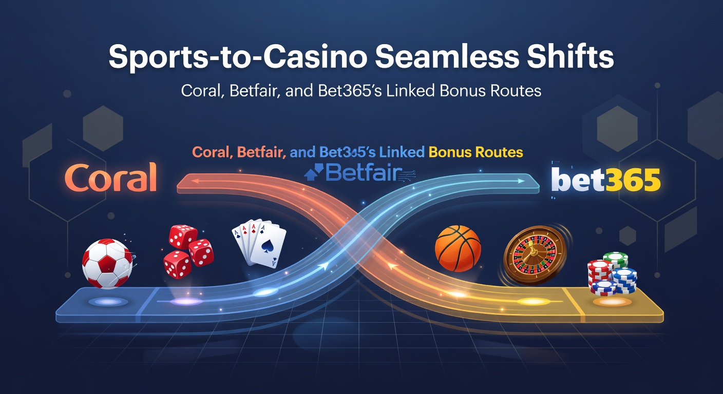 Screenshot collage of Coral, Betfair, and Bet365 apps displaying linked bonus notifications transitioning from sports bets to casino balances
