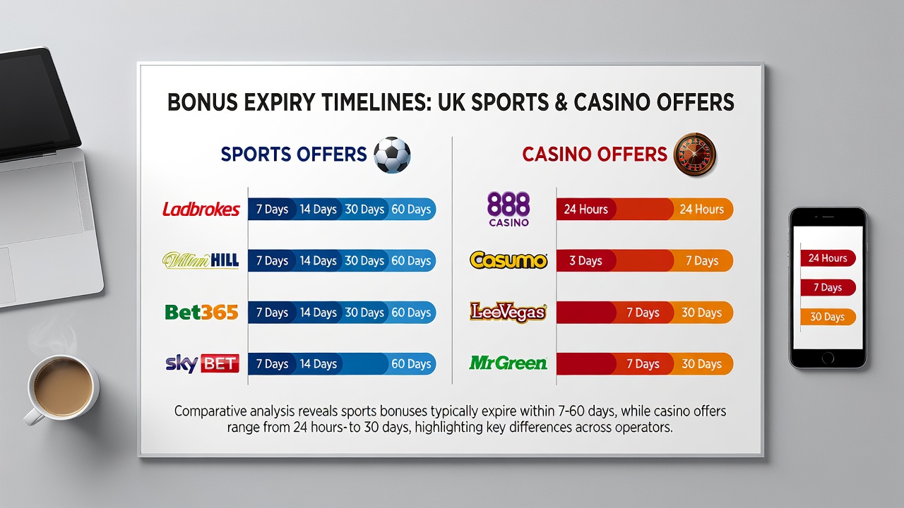 Visual breakdown of bonus expiry periods across major UK operators for sports and casino promotions